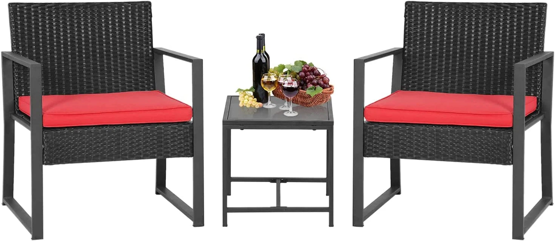 Patio Furniture Sets 3 Piece Outdoor Bistro Set Wicker Patio Chairs Rattan Outdoor Furniture for Backyard Porch Poolside Lawn,Red Cushion