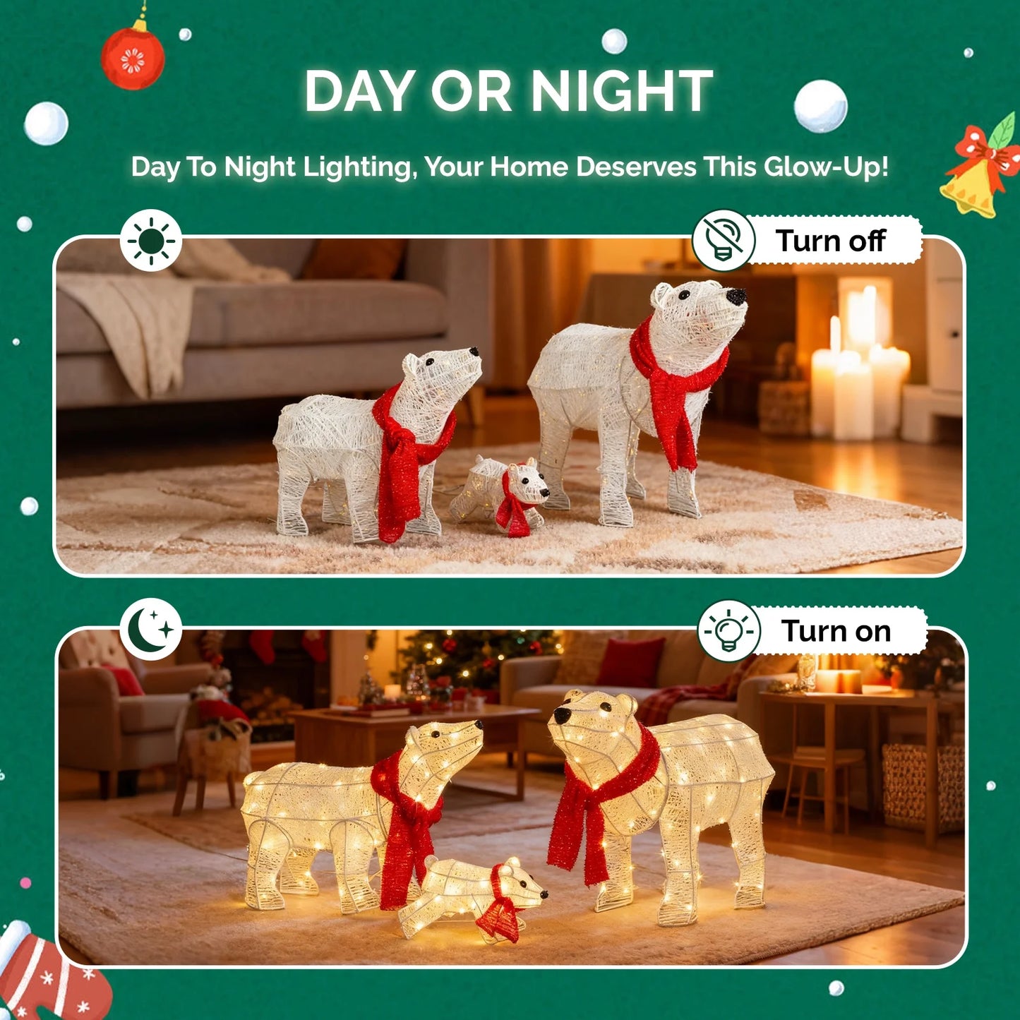 3-Piece Christmas Decor Lighted Polar Bear Family, Pre-Lit Outdoor Indoor Christmas Decor with Warm White Leds