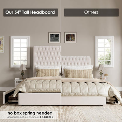 King Size Bed Frame 55" Tall Headboard with Gorgeous Button Tufted and Nail, ...