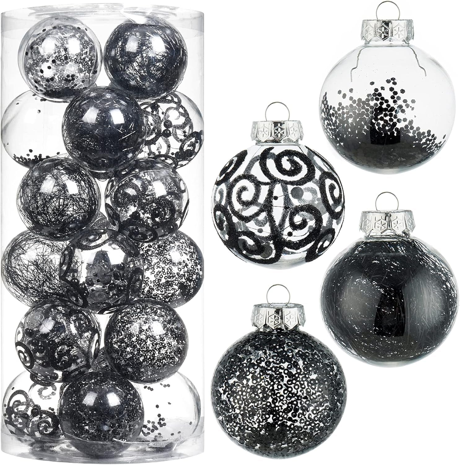 Shatterproof Clear Plastic Christmas Ball Ornaments Set with Stuffed Decorative Baubles (70mm / 2.76", Black)