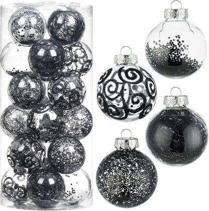 Shatterproof Clear Plastic Christmas Ball Ornaments Set with Stuffed Decorative Baubles (70mm / 2.76", Black)