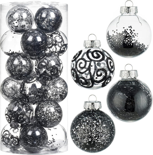 Shatterproof Clear Plastic Christmas Ball Ornaments Set with Stuffed Decorative Baubles (70mm / 2.76", Black)