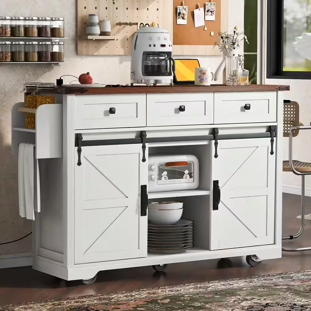 Wood 53.7 In. Kitchen Island with Power Outlet, 2-Sliding Barn Door, Drop Leaf and Wheels, White/Brown
