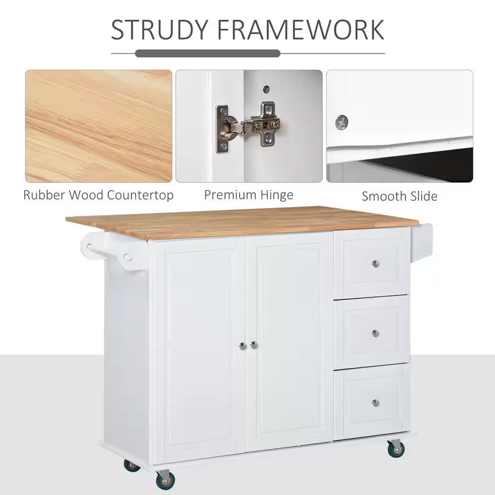White Rolling Kitchen Island Cart – Mobile Storage Cabinet with 3 Drawers, Adjustable Shelf, Spice Rack & Towel Bar