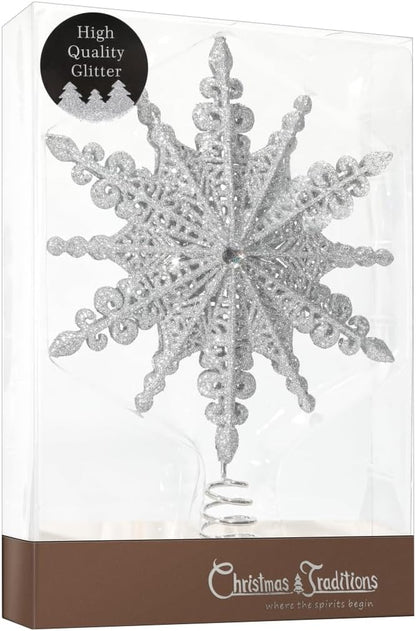 Silver Glittered Filigree Christmas Star Tree Topper - 8 Inch Holiday Home Décor Ornament