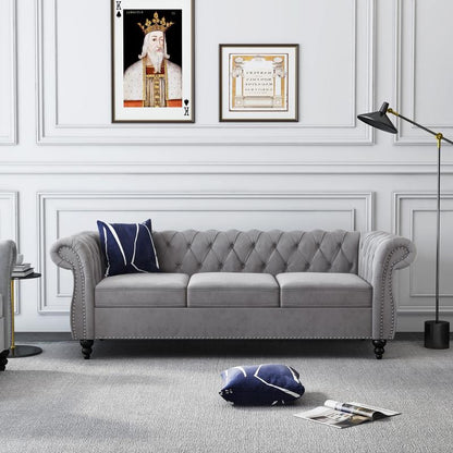 Giratree Furniture 78" 3-Seater Velvet Sofa | Tufted Back Chesterfield Upholstered Couch | Ideal for Living Room, Apartment, Office, Reception, Lounge, Small Spaces