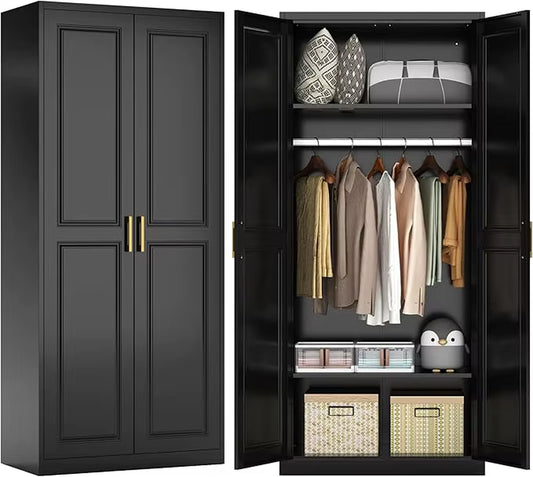 71" Metal Armoire Wardrobe Closet with 2 Doors, Tall Wardrobe Cabinet with Hanging Rod and Adjustable Shelves