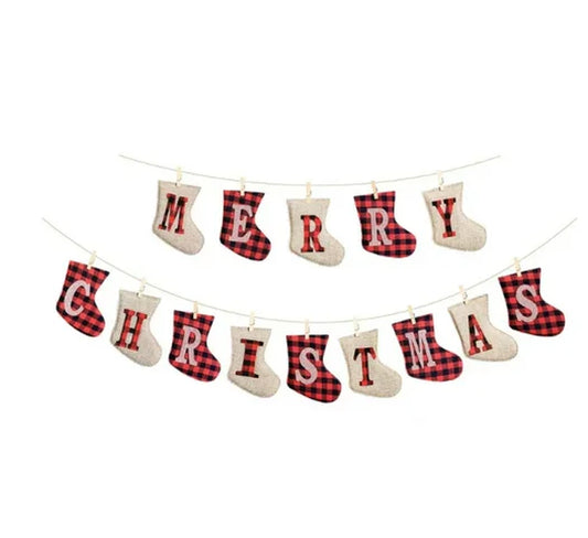 Merry Christmas Burlap Banner, Burlap and Buffalo Plaid Tree Shaped Christmas Decorations Indoor, Unique Hand-Sewn Christmas Decor, Christmas Ornaments for Wall, Window, Tree and Fireplace Decoration