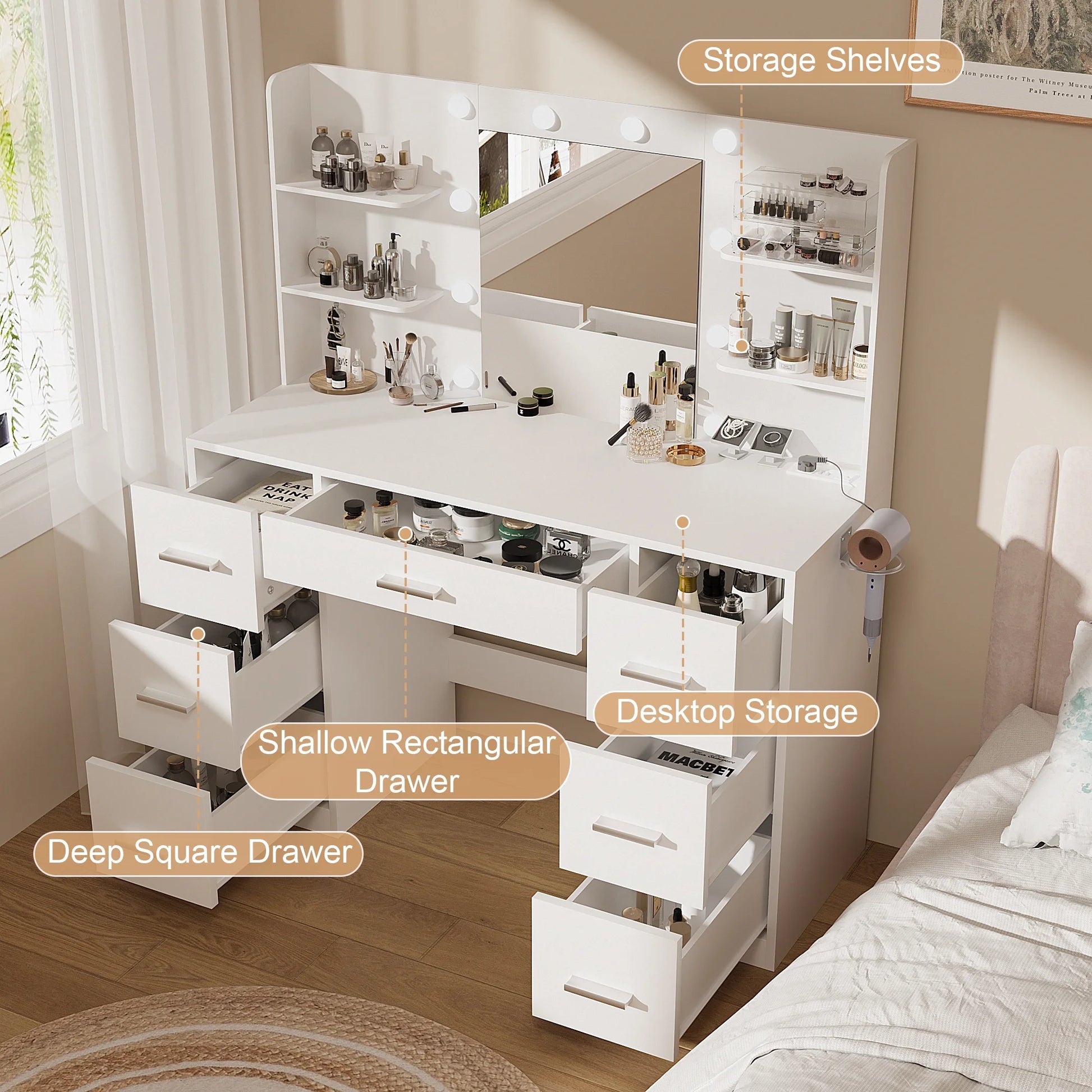 Makeup Vanity Table with Lighted Mirror, Power Outlet, 7 Drawers and 6 Storage Shelves, White Bedroom Vanity Desk