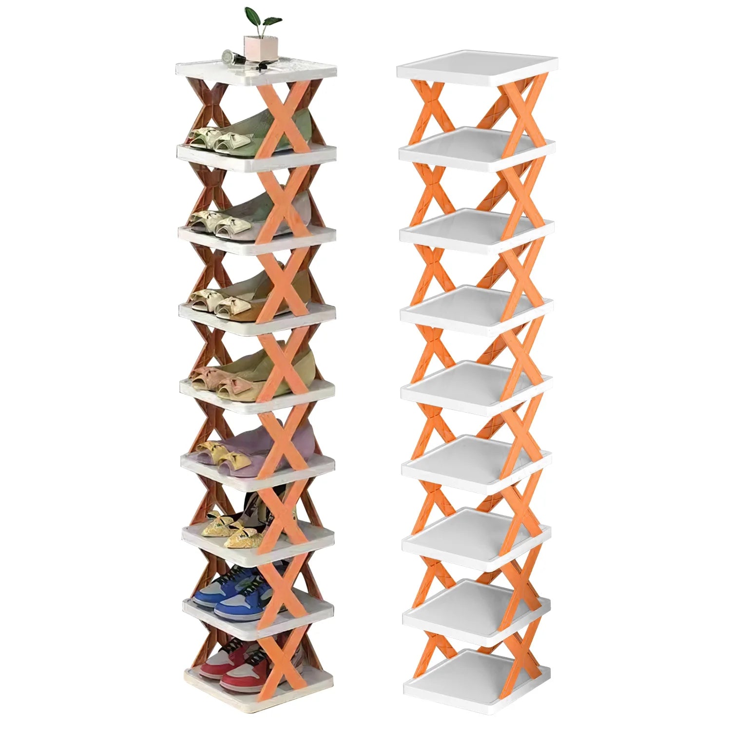 9 Tiers Shoe Rack Organizer, 9 Pairs of Shoes Narrow Entryway Shoe Rack Plastic Vertical Shoe Storage Organizer Space Saving Free Standing Shoes Storage Shelf Closet Hallway, Orange