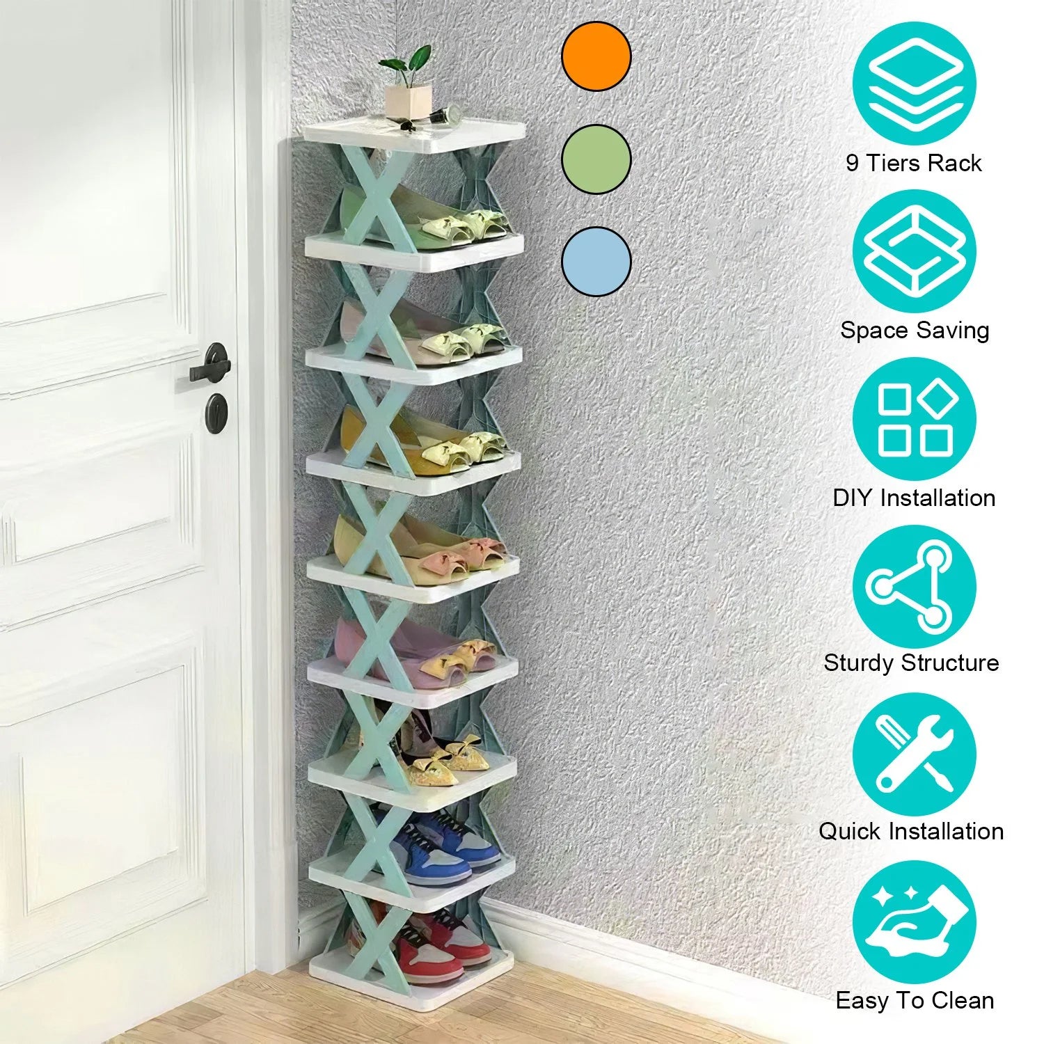 9 Tiers Shoe Rack Organizer, 9 Pairs of Shoes Narrow Entryway Shoe Rack Plastic Vertical Shoe Storage Organizer Space Saving Free Standing Shoes Storage Shelf Closet Hallway, Orange