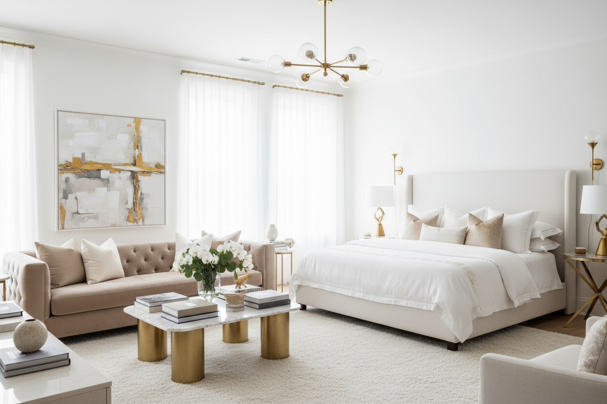 Generate me living and bed room image for website. Make it brigter , elgent , fancey and saleble with white background high qulity image 