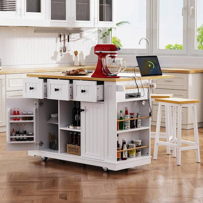 MSTG Tech 51.2” Drop-Leaf Kitchen Island – White MDF Storage Island with Adjustable Shelves, Expanding Countertop & Rolling Mobility